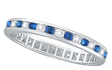 1.04ctw Blue Sapphire and Diamond Channel Set Eternity Band 14k Gold Ring