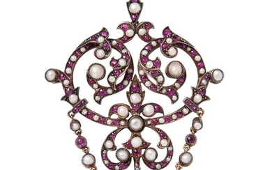 Antique Synthetic Ruby and Split Pearl Pendant/Brooch