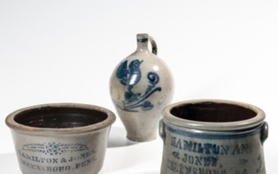 Two Pennsylvania Stoneware Advertising Crocks and a Cobalt-decorated Jug