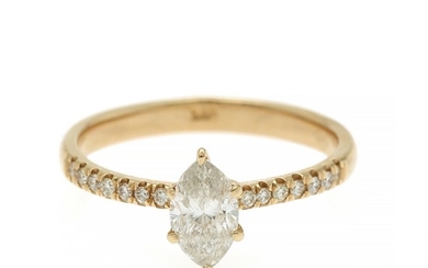 A diamond ring set with a marquise-cut diamond flanked by numerous brilliant-cut diamonds weighing app. 0.70 ct., mounted 14k gold. Size 53.5.
