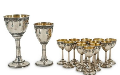 (14 Pc) Judaica Zadok Sterling Silver Kiddush Cup Set