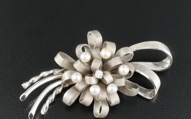 14K Pearl and Diamond Bow Brooch