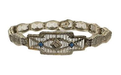14K White Gold Art Deco Bracelet with Diamonds and Sapphires