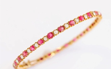 14k Victorian Red Spinel & Natural Pearl Full Bangle