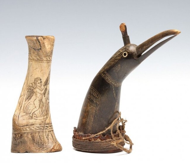 17TH AND 19TH CENTURY BONE AND HORN POWDER FLASKS