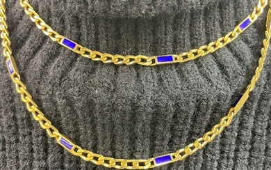 18 Karat Yellow Gold Cuban Link Lapis Chain Necklace 72.9 Grams