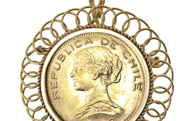 18 Yellow Gold and 100 Chile Peso Gold Coin Brooch Pendant.