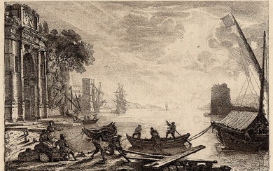 1876 Claude Lorrain Harbor Scene with Rising Sun Etching signed Durand Goring Unique