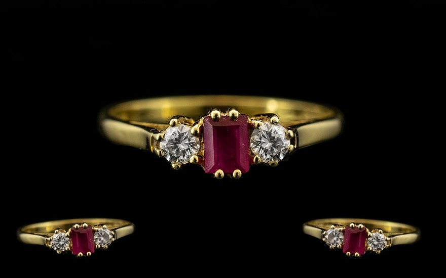 18ct Gold - Attractive Ladies 3 Stone Ruby and Diamond Set D...