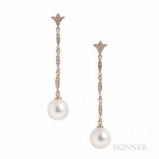 18kt Rose Gold, South Sea Pearl, and Diamond Earrings