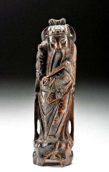 18th C. Chinese Wood Figure Inlaid Brass Detailing