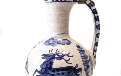 18th Century Pewter-mounted Continental Faience Ewer Jug painted blue and white