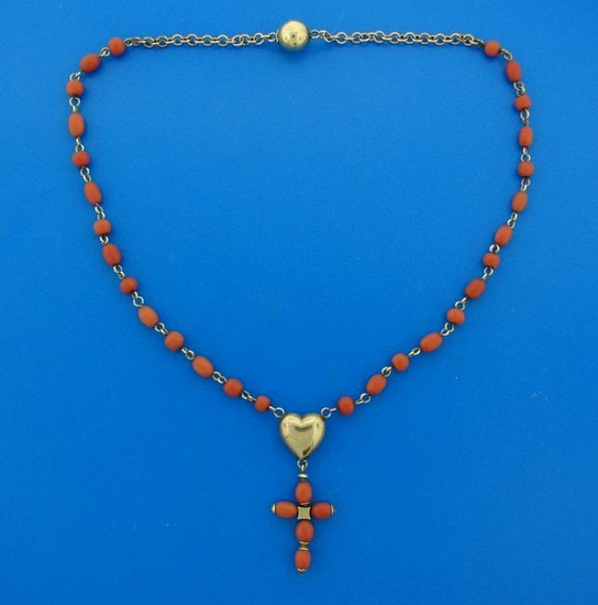1900s Victorian CORAL YELLOW GOLD ROSARY Religious