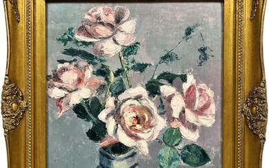 1950?s French Impressionist Signed Oil Pink Roses Paris still life gilt frame 1950?s