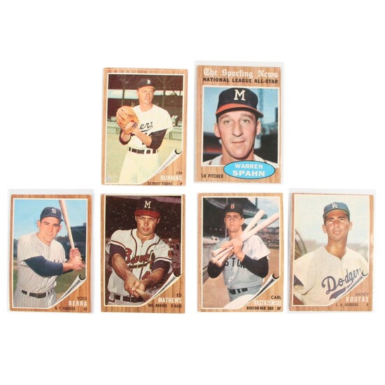 1962 Topps Baseball Cards with Koufax, Spahn, Berra, Mathews, and Others