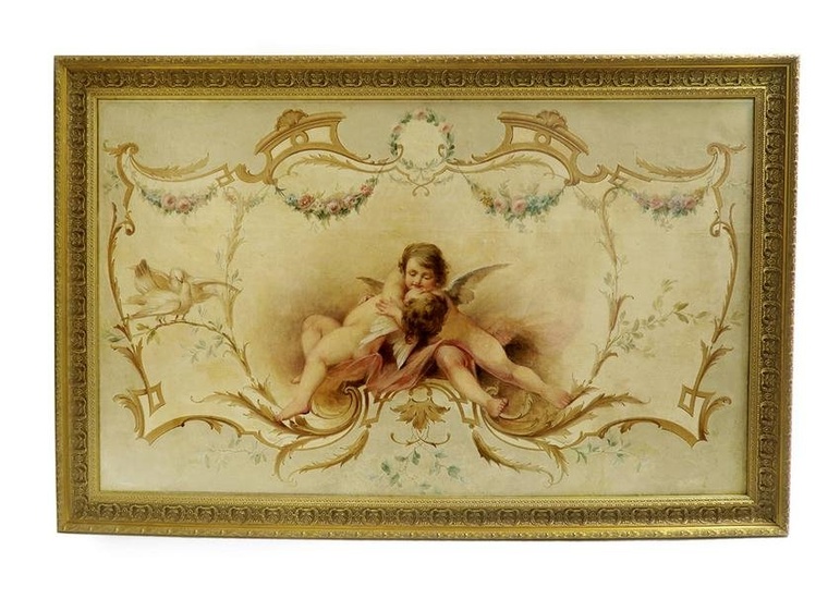 19th C. Large Oil on Board Painting of Cupids