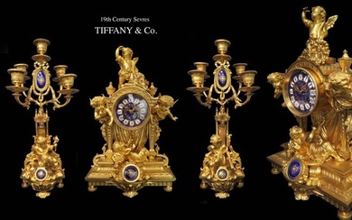 19th C. Tiffany & Co. Bronze Figural Clock set