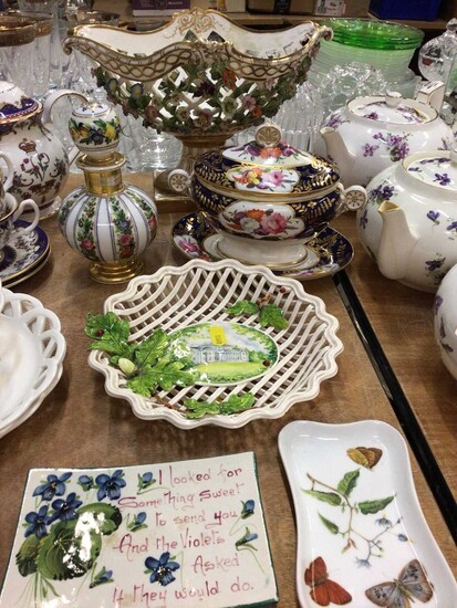 19th century Meissen floral encrusted centre piece, 19th century English porcelain tureen with cover and stand, Wemyss violets dish and other ceramics (6)