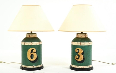 (2) ANTIQUE TOLE PAINTED TEA CANISTERS, AS LAMPS