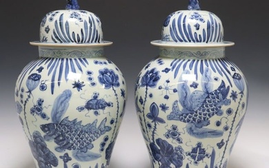 (2) LARGE CHINESE BLUE & WHITE PORCELAIN VASES & COVERS