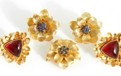 Tiffany & Co sapphire and gold earring and brooch set (5pcs)