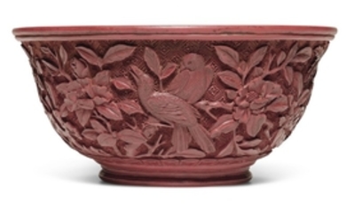 A CARVED CINNABAR LACQUER 'MAGPIE' MING-STYLE BOWL QING DYNASTY, QIANLONG PERIOD