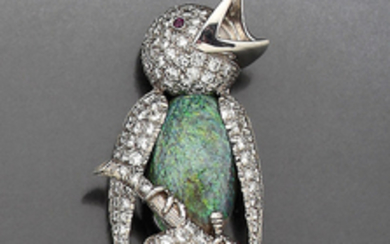 Platinum brooch "bird" with black opal and...