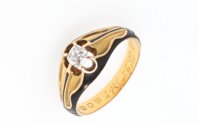 2670074. A VICTORIAN DIAMOND AND BLACK ENAMEL MOURNING RING.