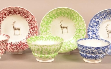 3 Deer Pattern Sponge Decorated China Cups & Saucers.