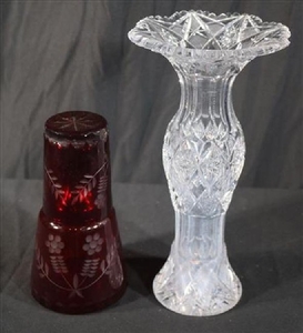 3 piece cut glass vase and ruby red decanter