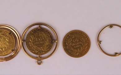 3 pièces de 10 francs or comprenant 2 pièces de 10 francs Napoléon III 1856...