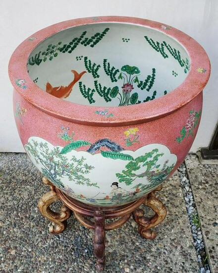 30s Extra Large Hand Painted Fish Bowl With Stand