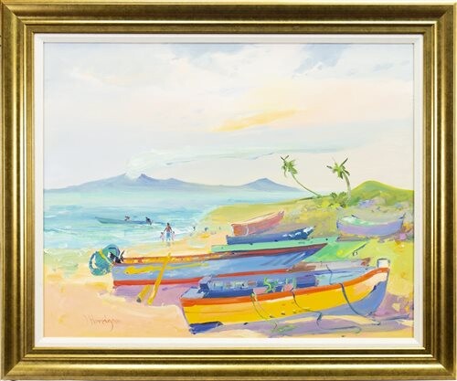 BEACHED BOATS, NEVIS, AN OIL BY JAMES HARRIGAN
