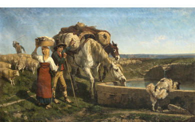 Giuseppe Palizzi ( Lanciano 1812 - Passy (Francia) 1888 ) , "Alla Fonte" 1854 olio su tela (cm 77.5x112.5) Firmato e datato in basso a sinistra Al retro: cartiglio Esposizione: 1937...
