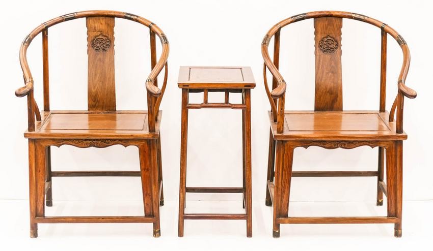 3pc Chinese Rosewood Horseshoe Chair & Tea Table Set.