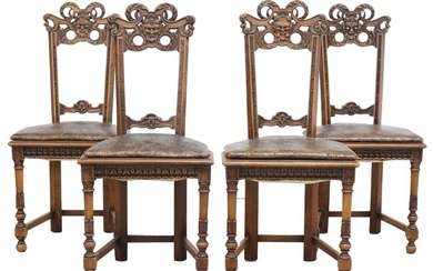 (4) RENAISSANCE REVIVAL LEATHER & WALNUT SIDE CHAIRS