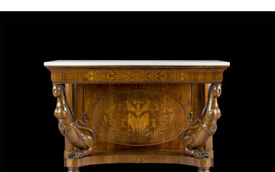 A mahogany veneered and various woods inlaid console. 19th century (cm 148,5x96x64,5) (minor defects and restorations)