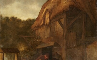 Egbert van Heemskerck the Elder - A Woman and Three Peasants Outside a House