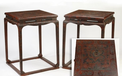 (2) Chinese red lacquered dragon side tables, 33"h