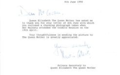 Colditz POW Sir Martin Gillatt MBE MID PPS to Queen Mother typed signed letter on Clarence House note paper to WW2 author...