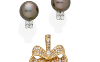 A colored cultured pearl, diamond and 18k gold pendant and pair of ear studs