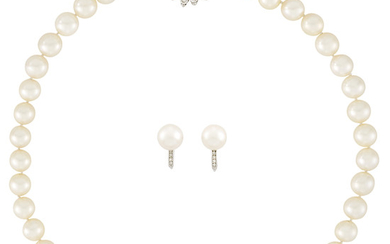 Cultured Pearl Necklace with Platinum and Diamond Clasp and Pair of Earclips