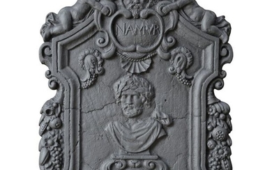 Dated 1694, cast iron fireback with a chest of man…