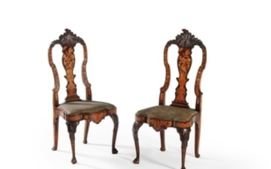 A pair of Dutch walnut, elm and marquetry side chairs