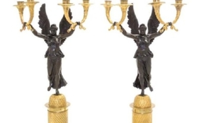 A Pair of Empire Gilt and Patinated Bronze Four-Light