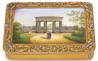 A FOUR-COLOUR GOLD AND ENAMEL SNUFF BOX, PROBABLY HANAU, CIRCA 1825