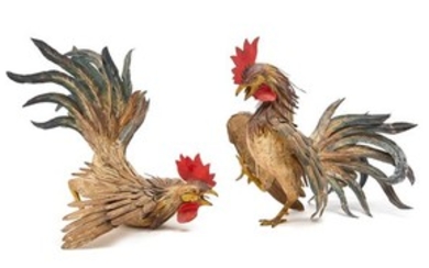 A Pair of French Polychrome Tole Roosters Height 15