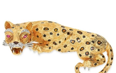 RUBY, DIAMOND AND ENAMEL LEOPARD BROOCH set with round