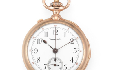 Tiffany. A 14K rose gold keyless wind open face minute repeating split second chronograph pocket watch