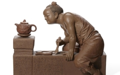 A YIXING MODEL OF A POTTER, 'GONG CHUN AT WORK', XU XIUTANG (B. 1937), DATED 1996